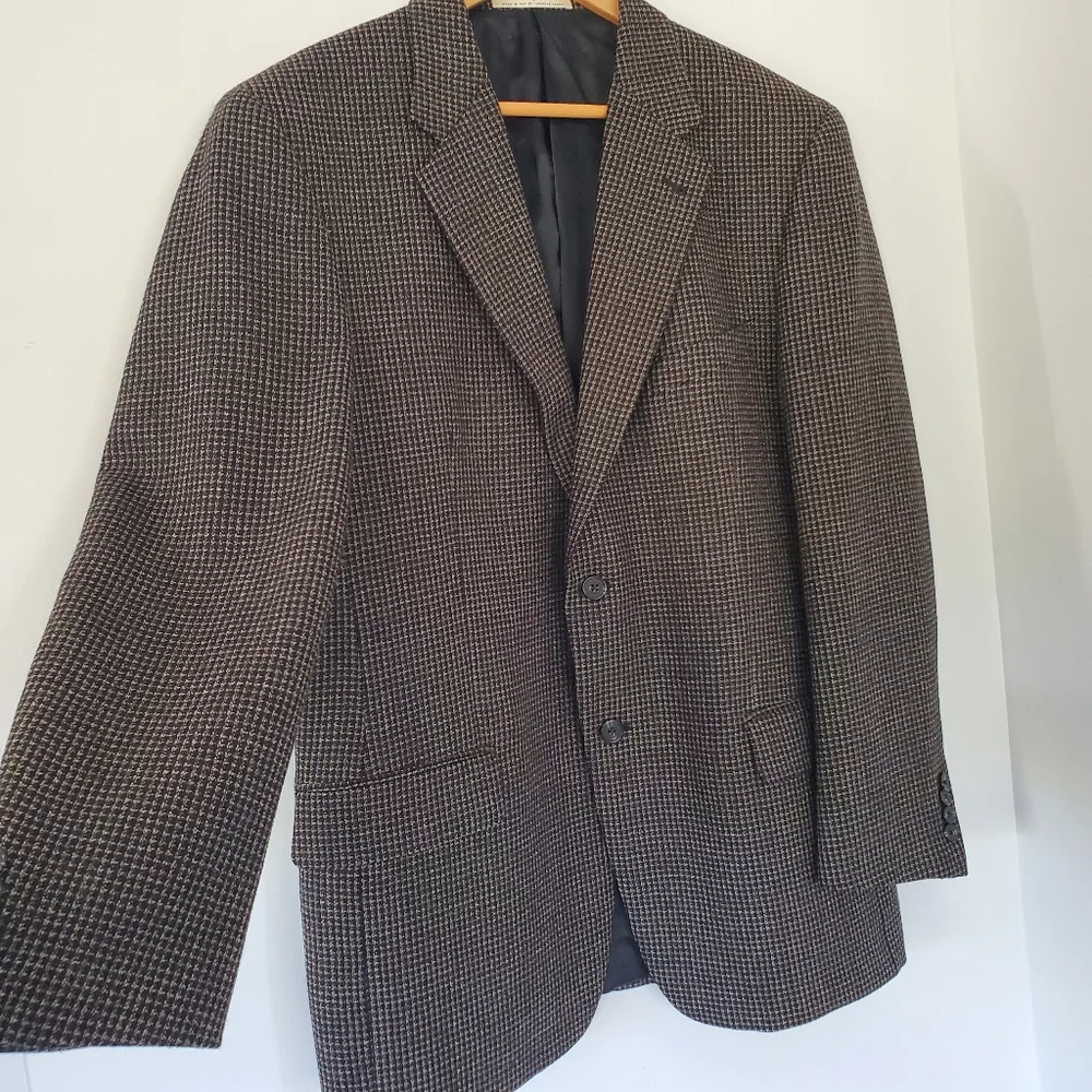 JOSEPH ABBOUD 42R Black Tan Wool Blend Suit Blazer Jacket 2 Button 90s Grandpa
